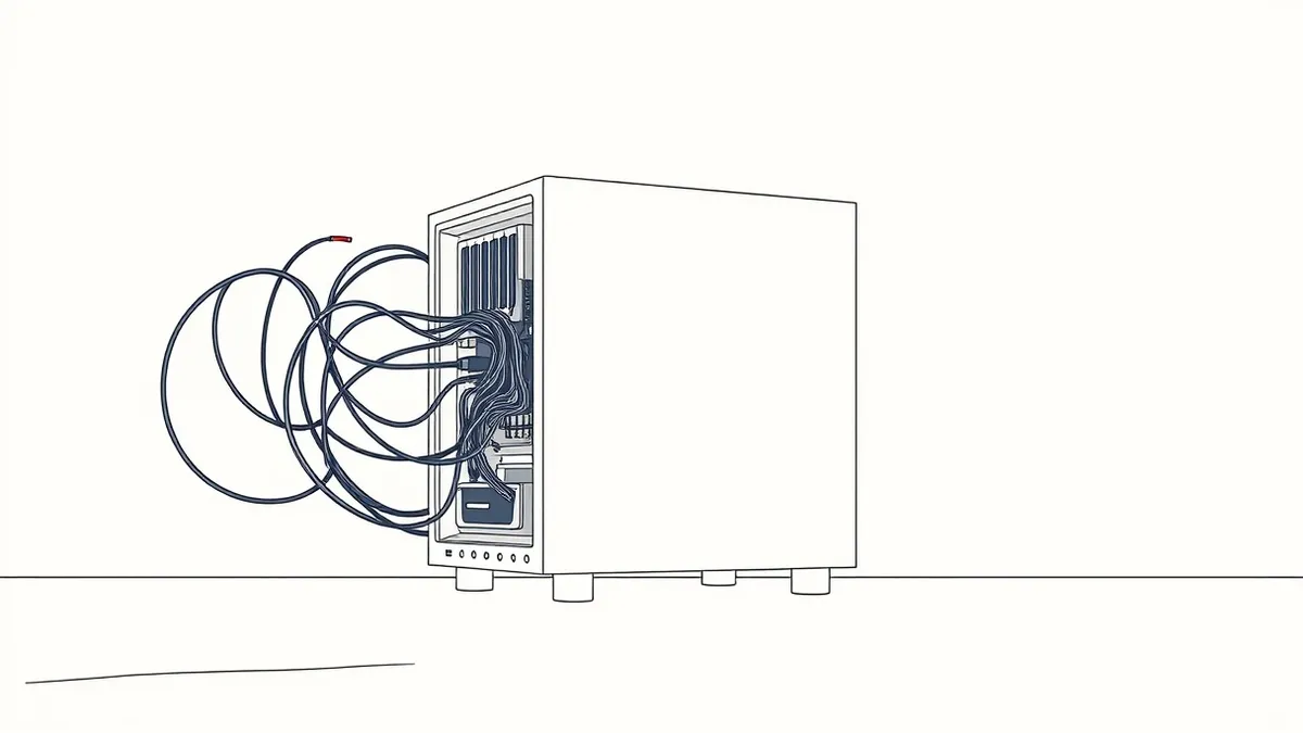 Illustration: A sleek white server box sits on a wooden desk, its side panel removed to reveal intricate circuitry.