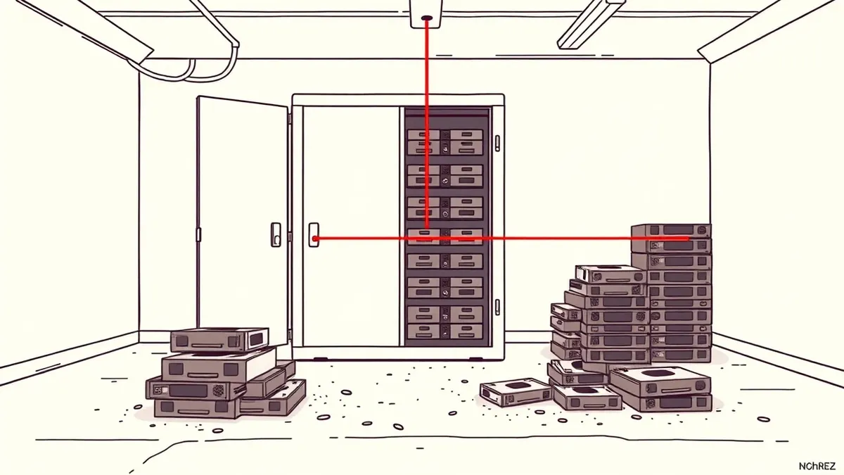 Illustration: An open metal tape library sits in a dim utility room with its protective door removed.