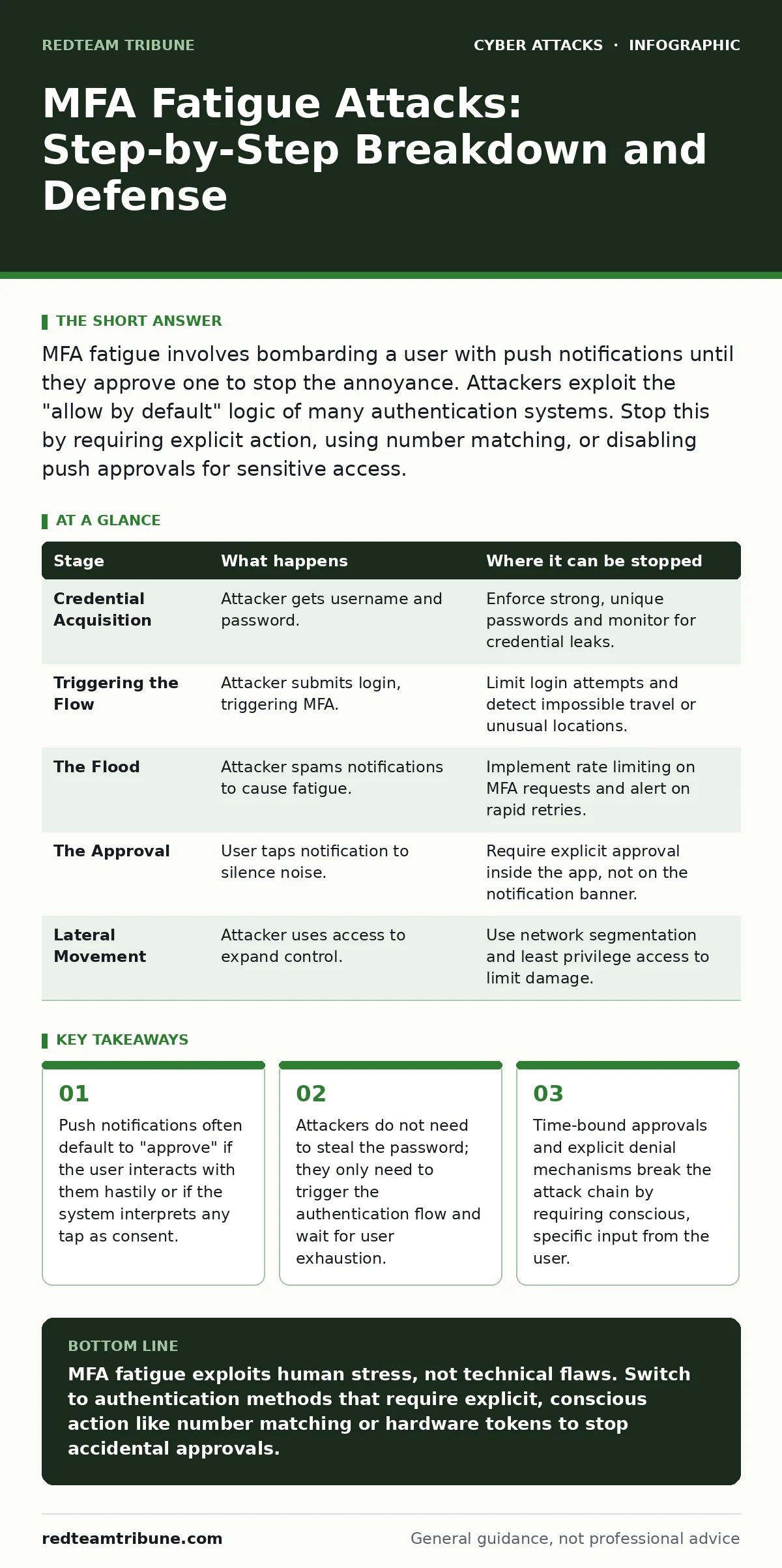 Infographic: MFA Fatigue Attacks: Step-by-Step Breakdown and Defense. Push notifications often default to "approve" if the user interacts with them hastily or if the system interprets any tap as consent. Attackers do not need to steal the password; they only need to trigger the authentication flow a