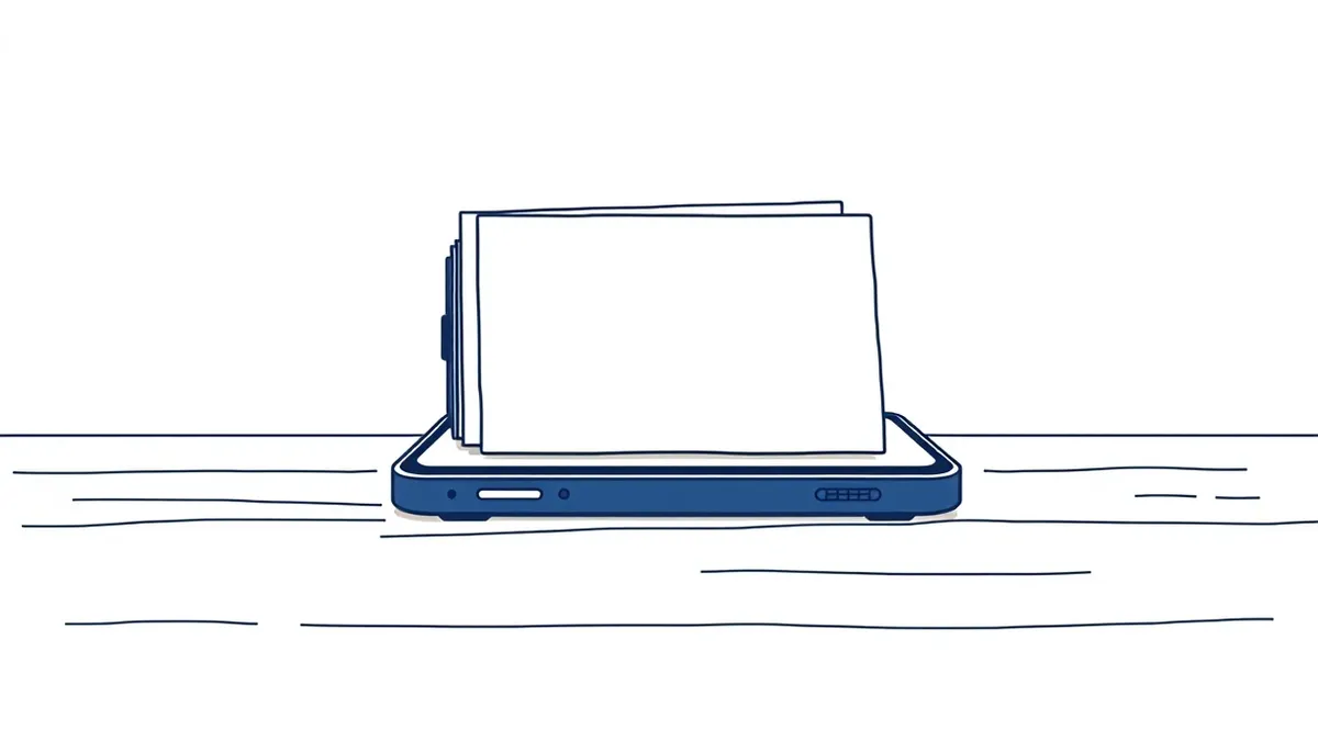 Illustration: A smartphone rests on a wooden table, its screen illuminated with a stack of identical blank notification cards that obscure the background, visually representing the