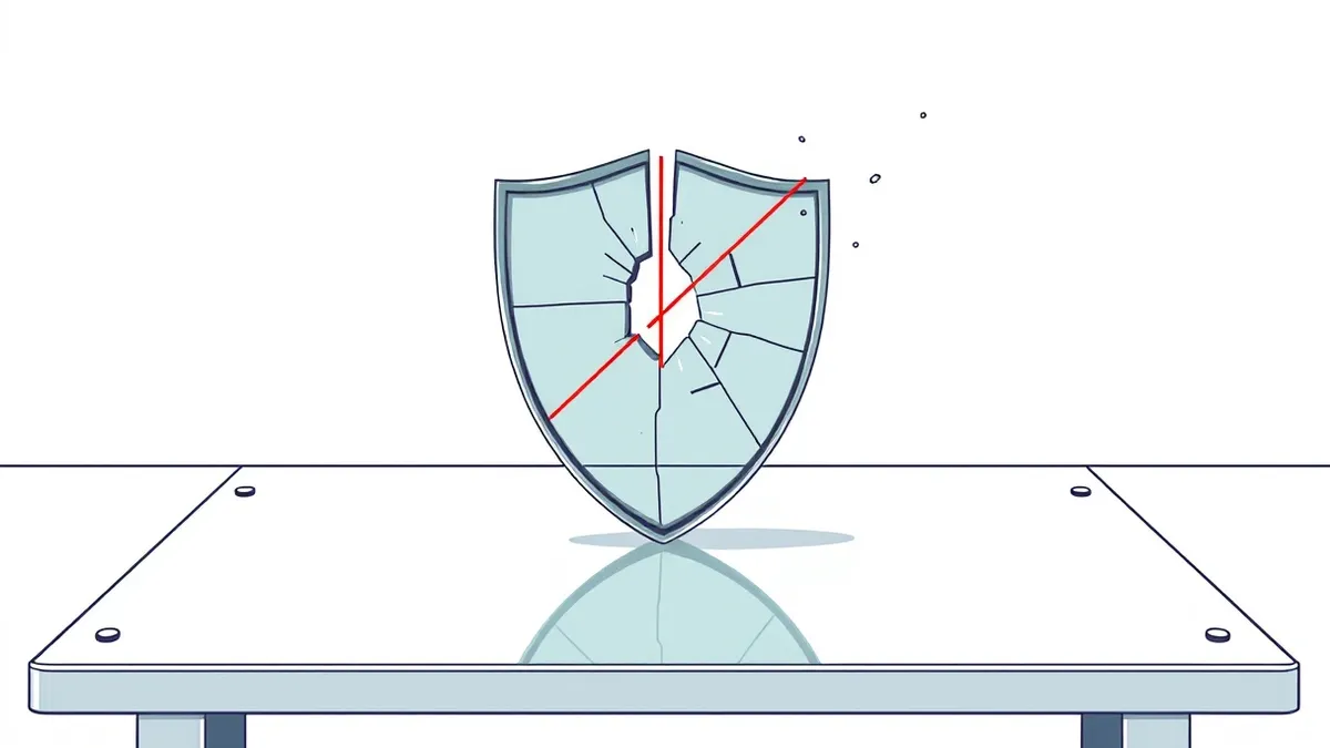 Illustration: A cracked glass shield rests on a sterile metal table, revealing a jagged fragment that exposes the hollow space behind it.