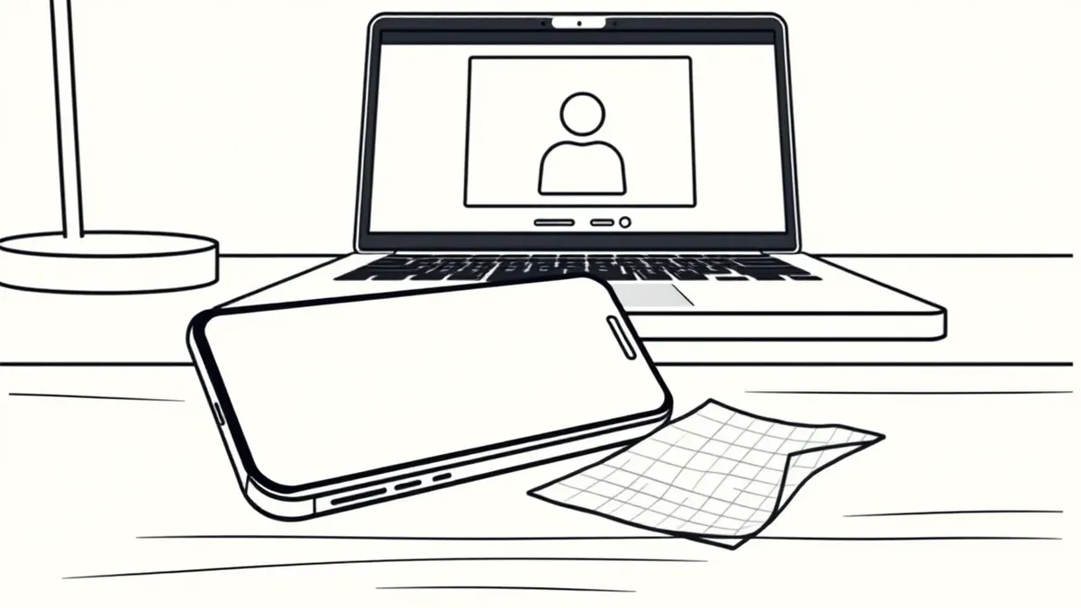 Illustration: A sleek smartphone rests on a wooden desk, its blank screen reflecting the glow of a nearby laptop.