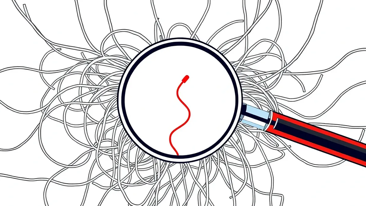 Illustration: A magnifying glass hovers over a chaotic tangle of white electrical wires, revealing a single red strand subtly woven among the harmless cables.