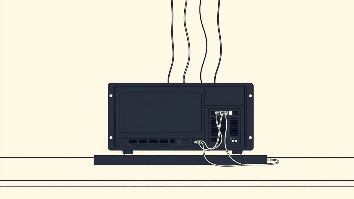 Illustration: A black firewall appliance sits on a desk with its back panel exposed.