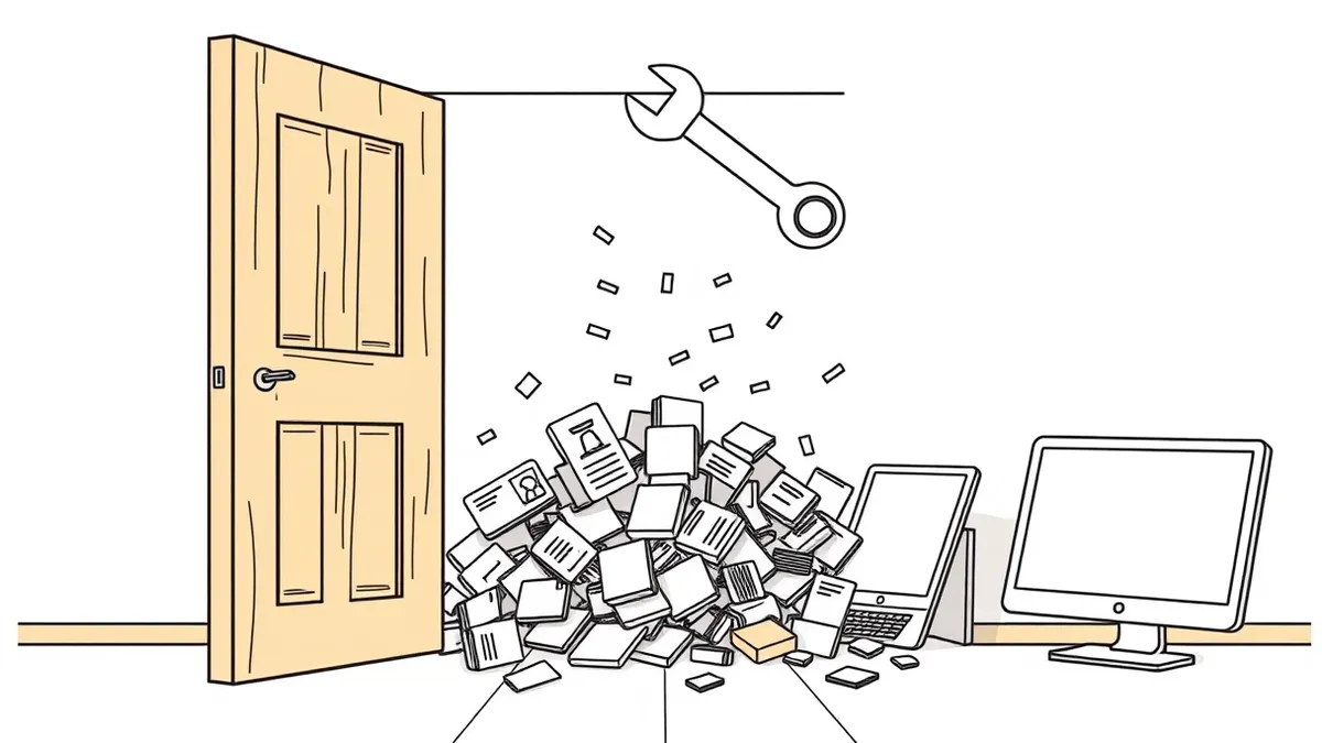 Illustration: A cracked wooden door swings open into a shadowy room, revealing a chaotic pile of scattered files and broken website blocks.