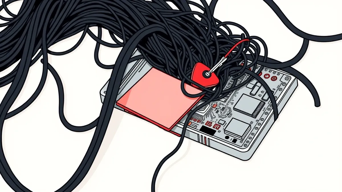 Illustration: A tangled mass of black wires spills from an open circuit board, with a single red keycard tangled in the center of the mess.