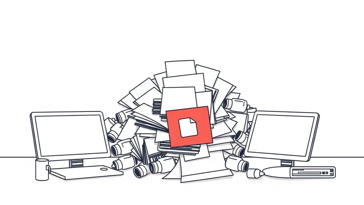 Illustration: A small office desk holds a scattered pile of blank white prescription forms and empty medication bottles.