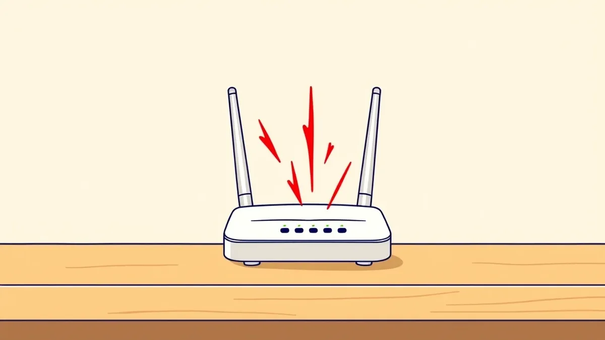 Illustration: A small white wireless router sits on a wooden desk with its antennas upright.