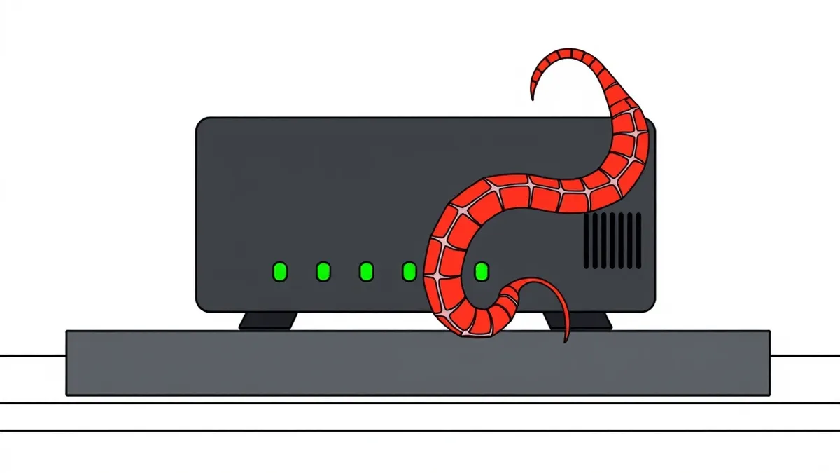 Illustration: A sleek black network router sits on a gray desk, its front panel displaying three blank green indicator lights.