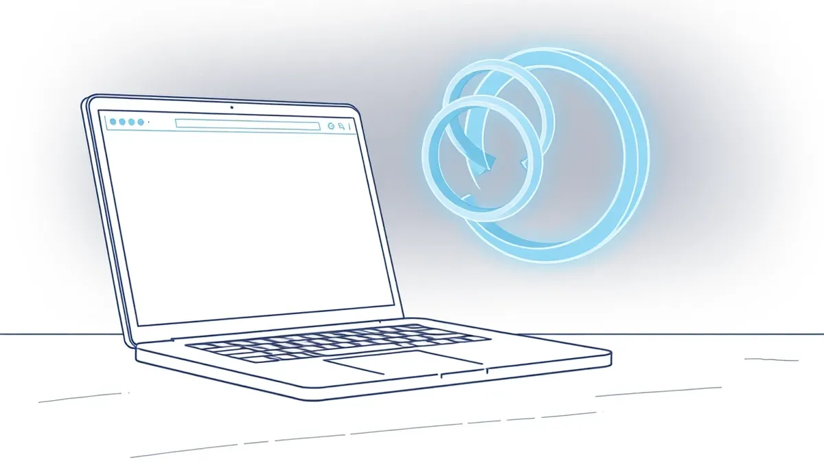 Illustration: A sleek laptop sits on a wooden desk, its screen displaying a minimalist web browser interface.