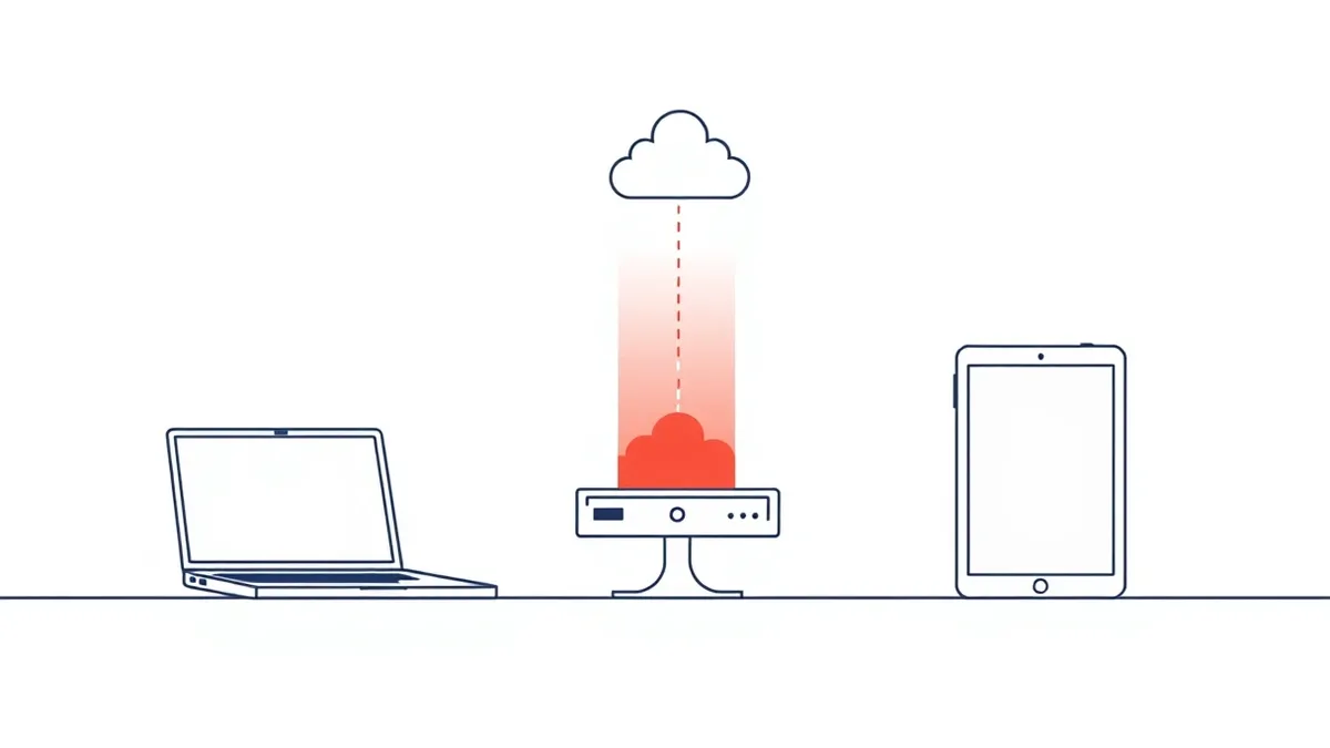 Illustration: A central hub draws thin streams of light from a laptop, a network router, and a cloud icon.