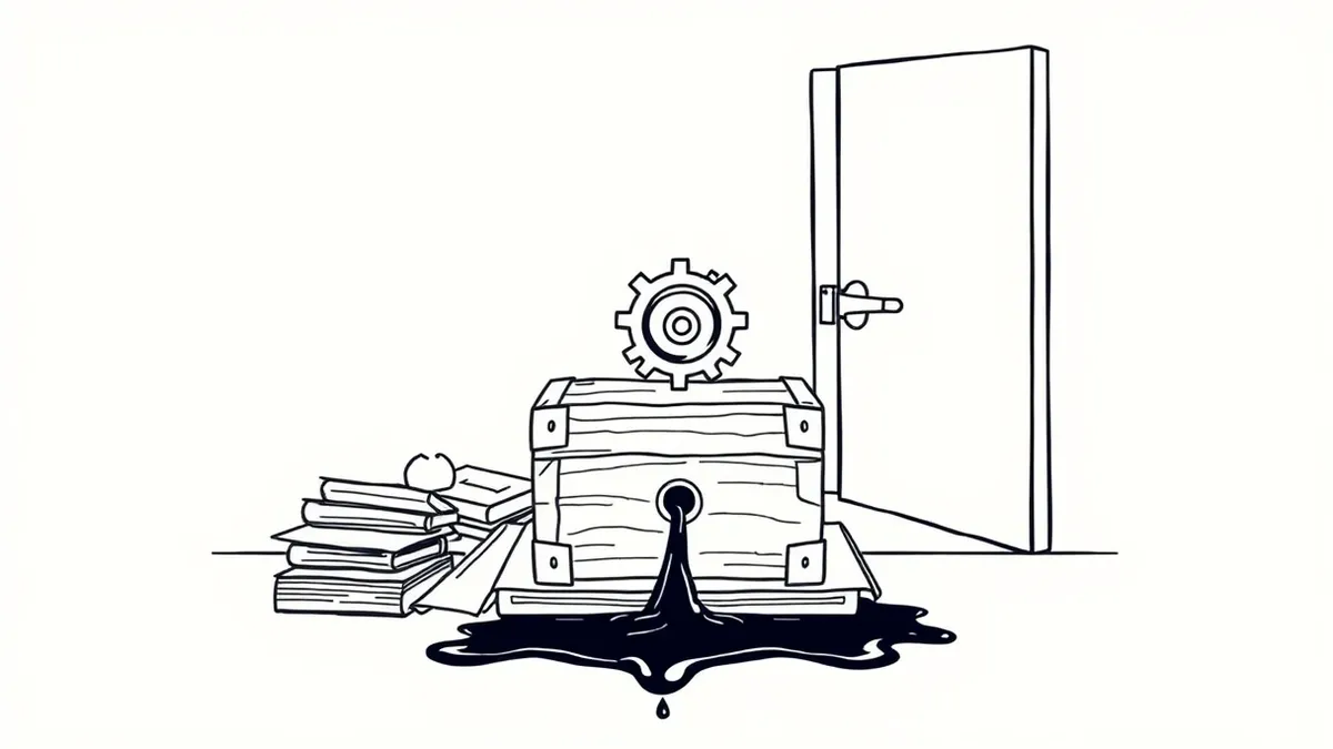 Illustration: A small wooden gear box sits on a cluttered desk, leaking dark ink from a cracked seam.