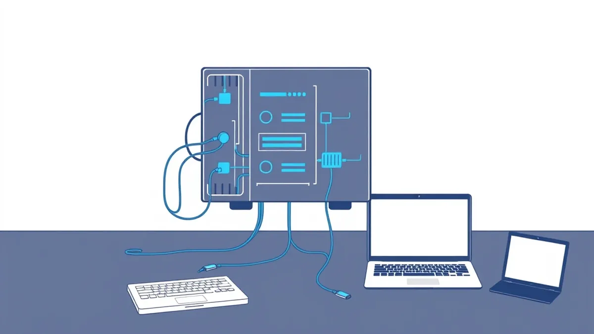 Illustration: A sleek, abstract network hub sits on a dark surface, with translucent blue data streams flowing outwards.