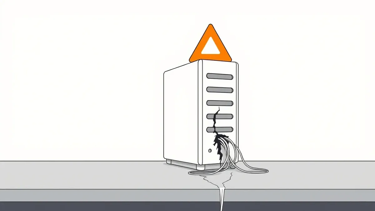 Illustration: A bright orange warning triangle sits atop a sleek white cloud storage tower.