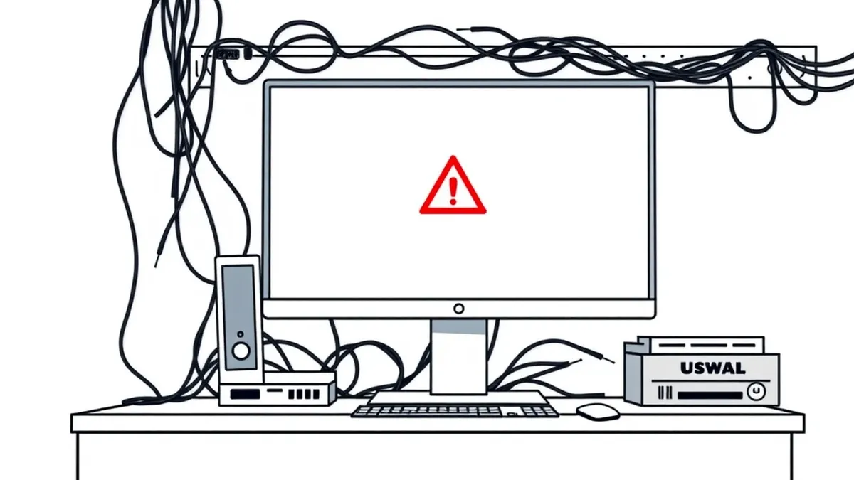 Illustration: A sleek desktop computer sits on a cluttered wooden desk, its monitor displaying a blank white window with a single red triangle warning icon floating in the center.