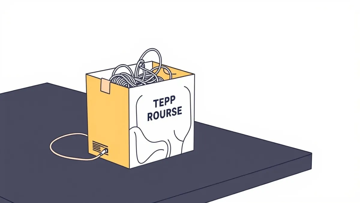 Illustration: A solitary open source software package box sits on a dark surface with its seal broken and wires spilling out from inside.