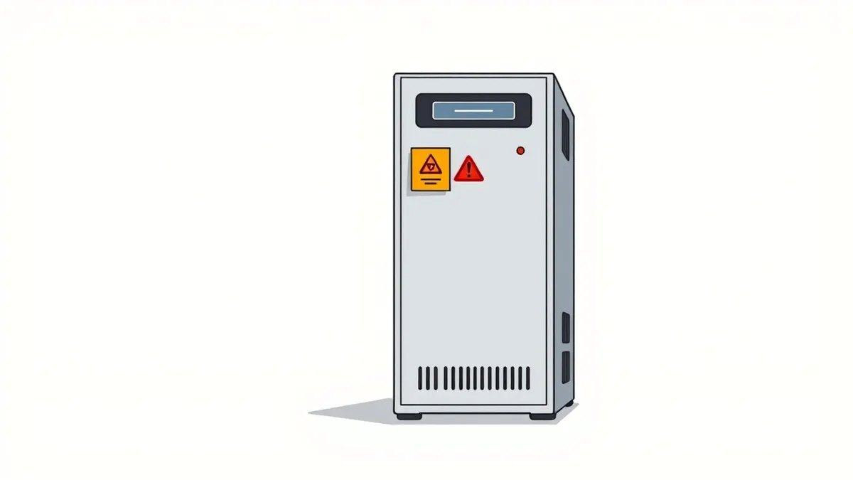 Illustration: A standalone metal server tower sits in a dimly lit room, its front panel featuring a generic blank display and a single red warning light.