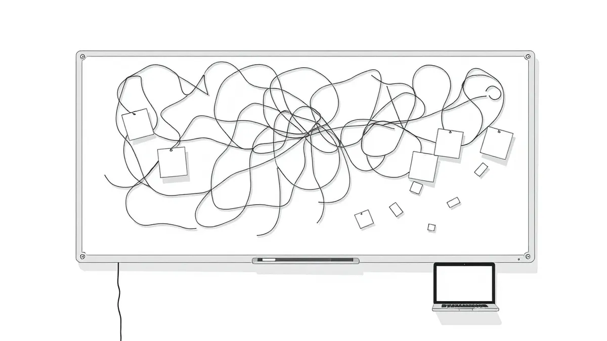 Illustration: A whiteboard covered in tangled, fading string connects blank index cards and empty sticky notes.