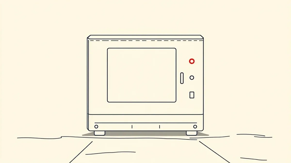 Illustration: A generic beige enterprise server sits isolated on a concrete floor.