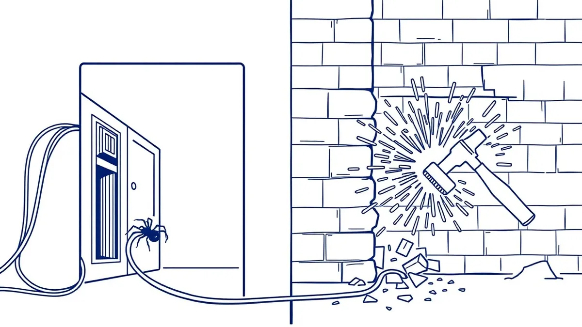 Illustration: A split scene shows two identical network cables entering a facility.