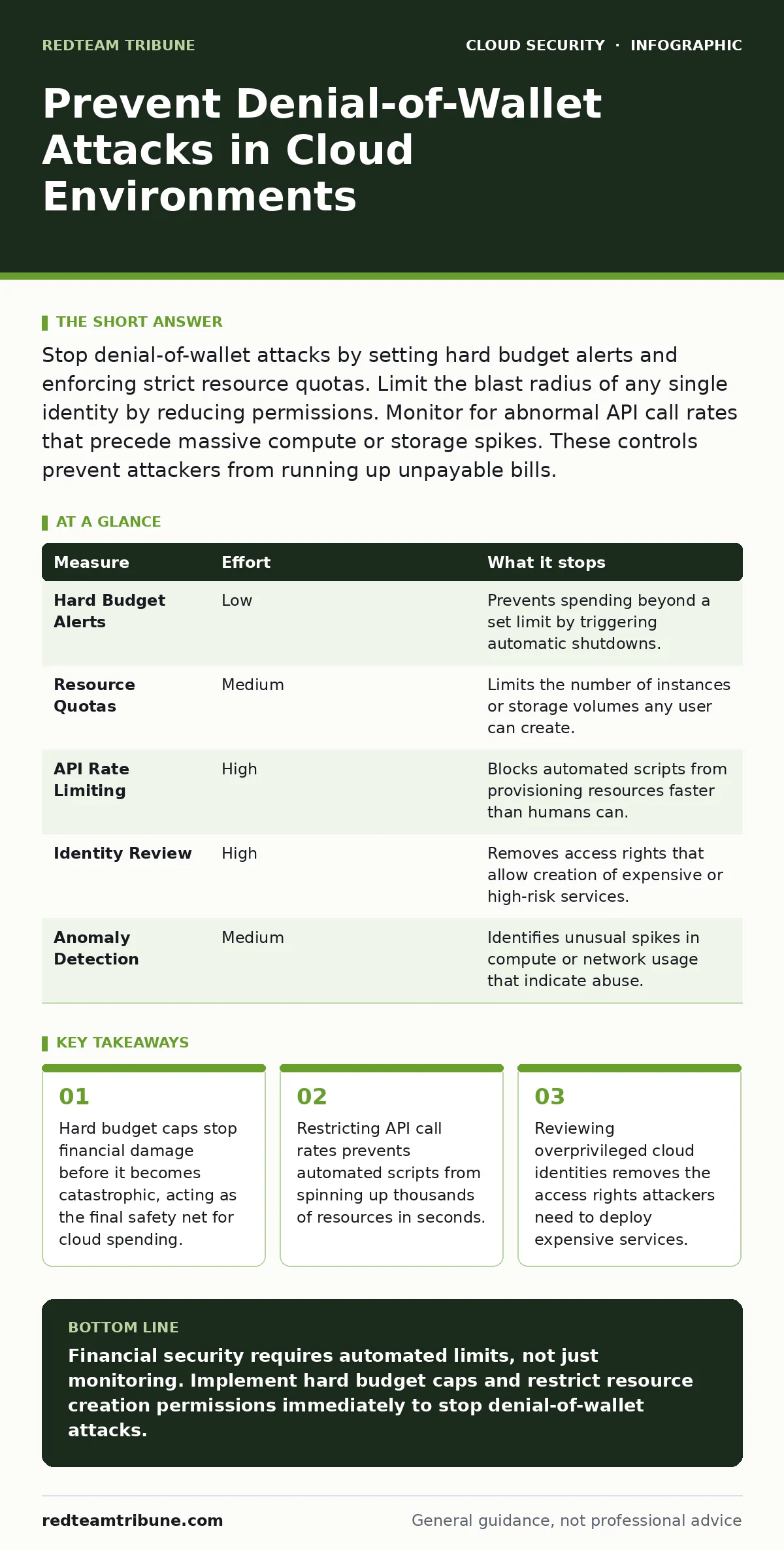 Infographic: Prevent Denial-of-Wallet Attacks in Cloud Environments. Hard budget caps stop financial damage before it becomes catastrophic, acting as the final safety net for cloud spending. Restricting API call rates prevents automated scripts from spinning up thousands of resources in seconds. Rev