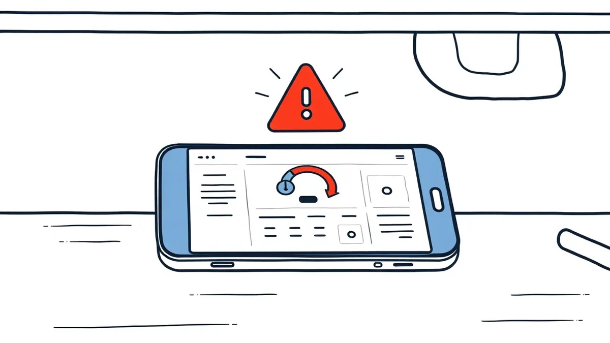 Illustration: A smartphone rests on a desk, its screen displaying a cloud dashboard interface with a rapidly spinning loading icon.