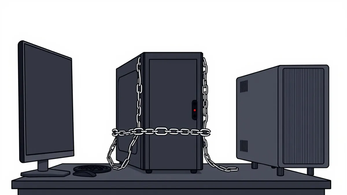 Illustration: A sleek black server tower sits on a metal desk, its front panel blank and featureless.