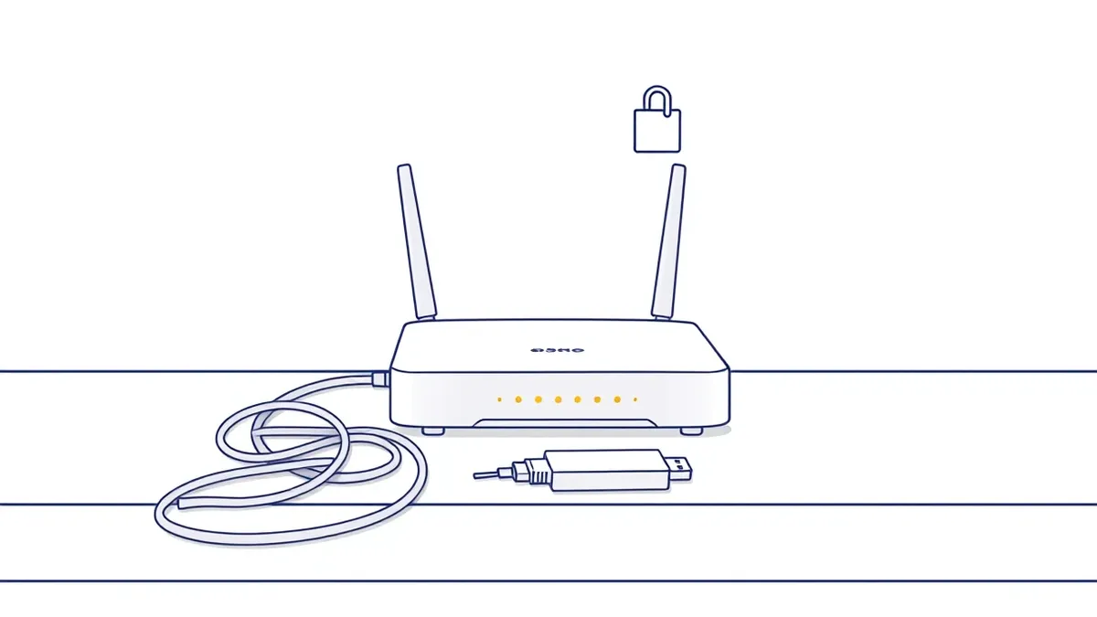 Illustration: A white wireless router sits on a wooden desk next to a tangled Ethernet cable.