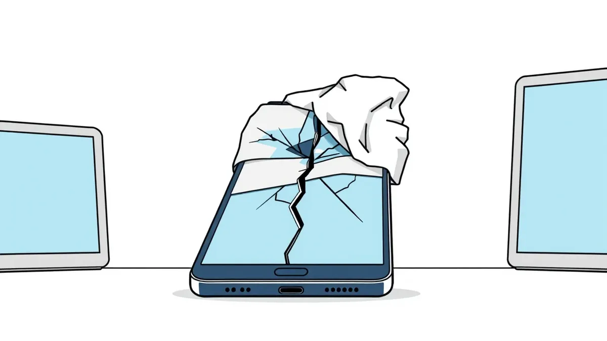 Illustration: A crumpled bandage slips off a cracked smartphone screen, revealing a jagged split beneath.