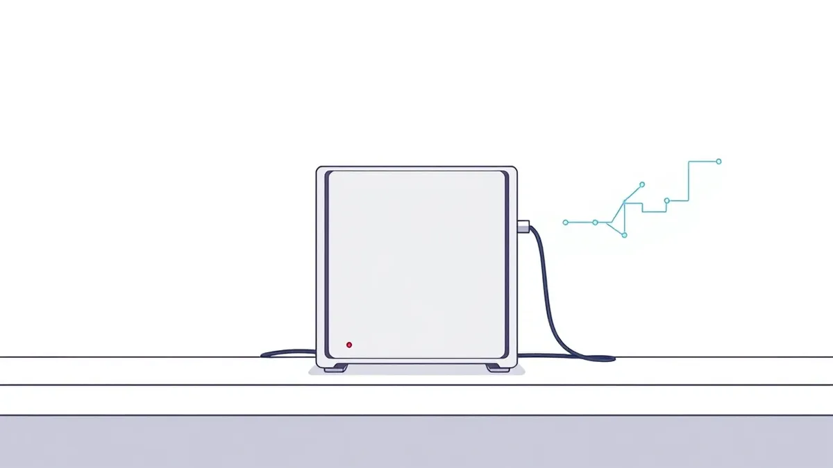 Illustration: A sleek silver server sits on a clean white desk, its front panel blank except for two small, glowing red indicator lights.