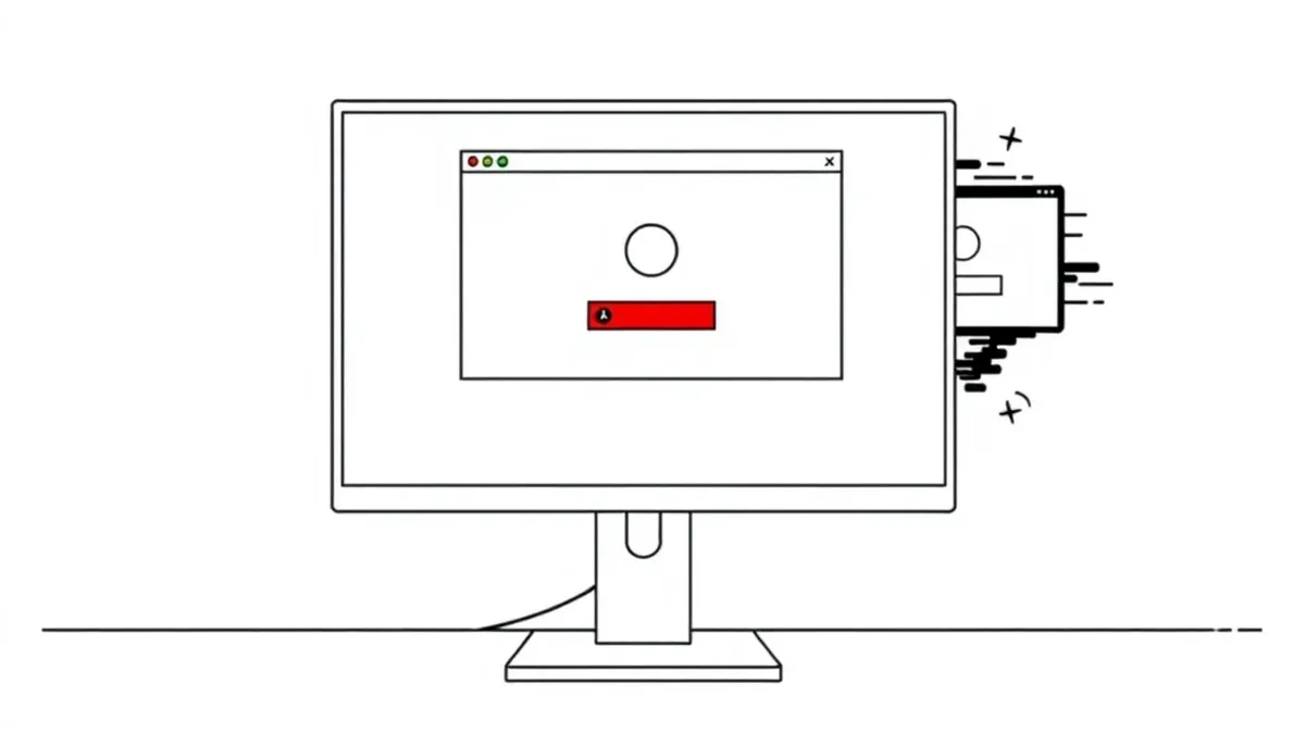 Illustration: A sleek desktop monitor displays a stark white login window with a single red error message bubble, while a shadowy, glitching duplicate of the same window floats omi