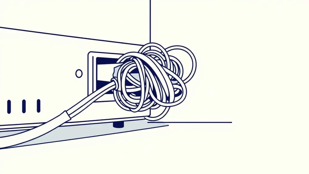 Illustration: A network cable tangles tightly around a server port, pulling the connection tight.