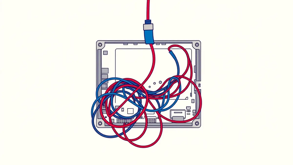 Illustration: A tangled knot of red and blue wires hangs loosely from a stripped circuit board, exposing bare copper traces and empty component slots.