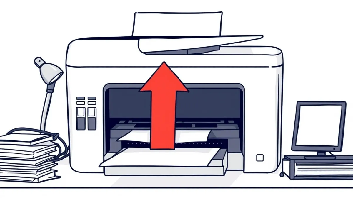 Illustration: A sleek white printer sits on a cluttered desk, its output tray spilling out sheets of paper.