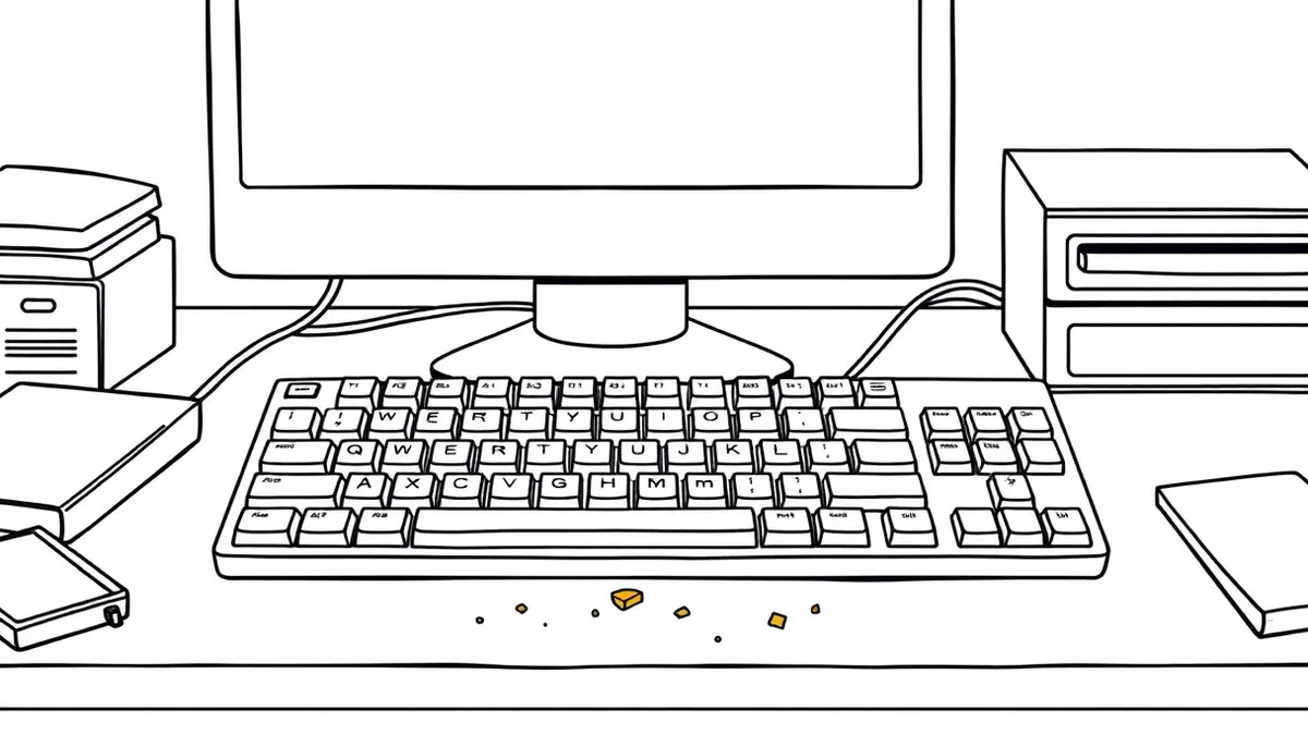Illustration: A dusty keyboard sits on a cluttered desk beside a blank monitor.