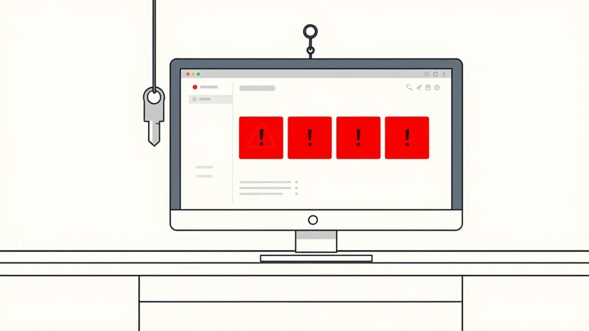 Illustration: A blank digital dashboard sits on a wooden desk, displaying three large red warning icons that block the entire interface.