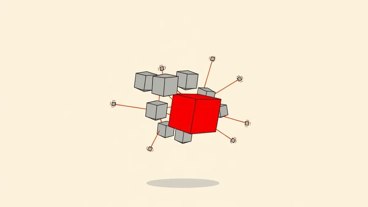 Illustration: A metallic cluster of geometric cubes floats in midair, with one specific cube highlighted in bright red.