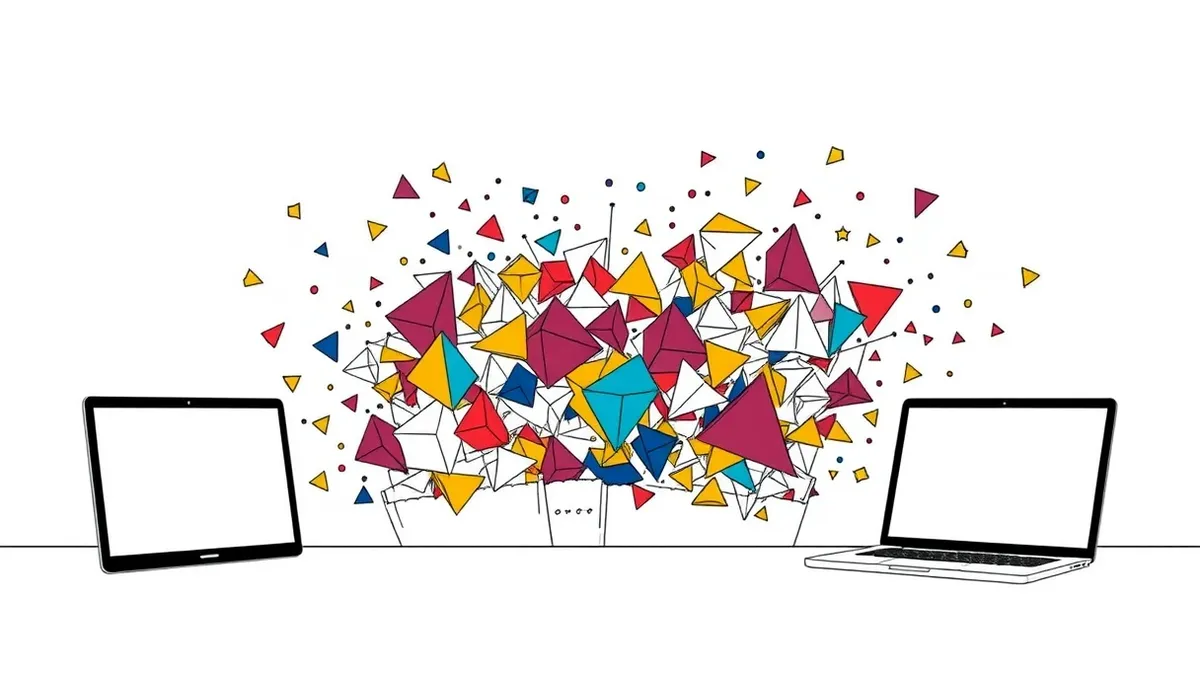 Illustration: A tangled web of colorful geometric shapes spills out from the torn seams of a stiff white blueprint.