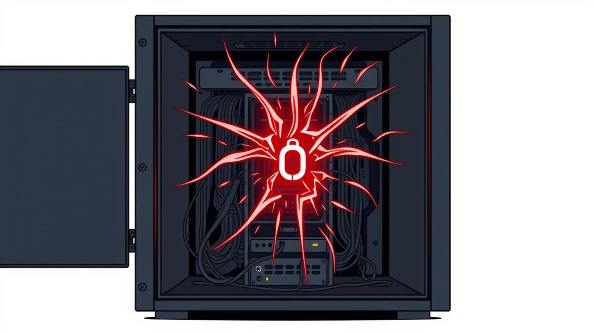Illustration: A cracked server interface panel glows with unstable red energy, exposing exposed circuitry and tangled wires inside a dark enclosure.