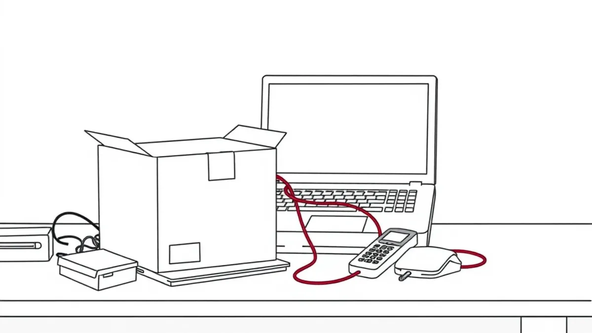 Illustration: A sleek delivery box sits on a cluttered desk beside an open laptop displaying a blank screen.
