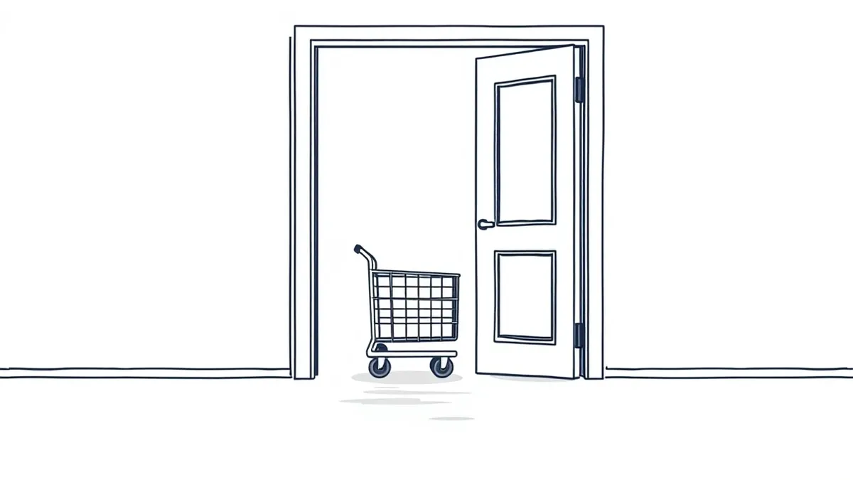Illustration: A heavy office door stands slightly ajar while a delivery cart blocks the hallway path.