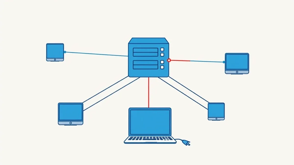 Illustration: A network diagram floats in mid air, showing a central blue server node connected to several peripheral grey nodes by thin lines.