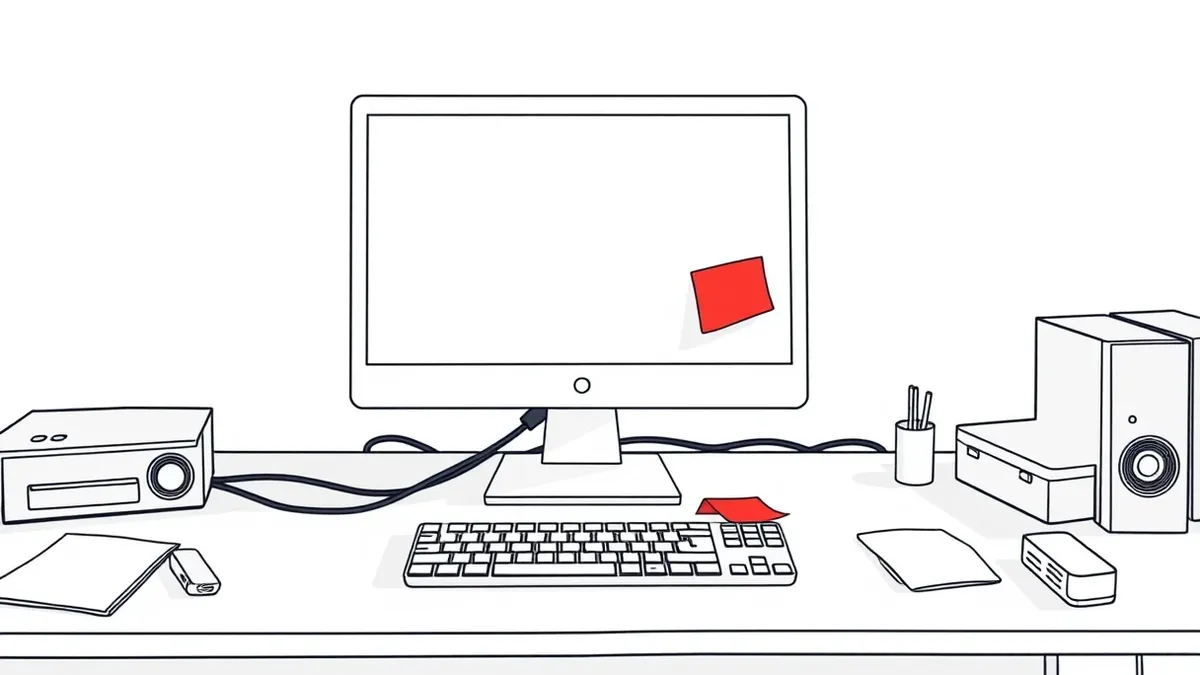 Illustration: A blank white computer monitor sits on a cluttered desk, its screen showing only a subtle, glowing honeycomb pattern in the corner.